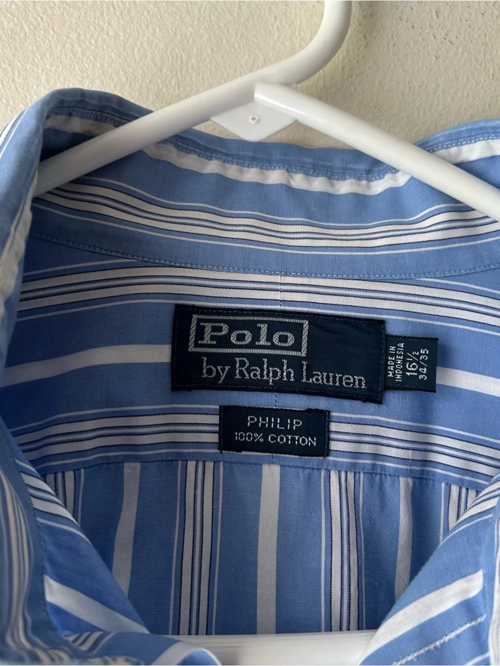 Polo Ralph Lauren Philip 100% Cotton Button Down Shirt 16.5” Neck Blue White